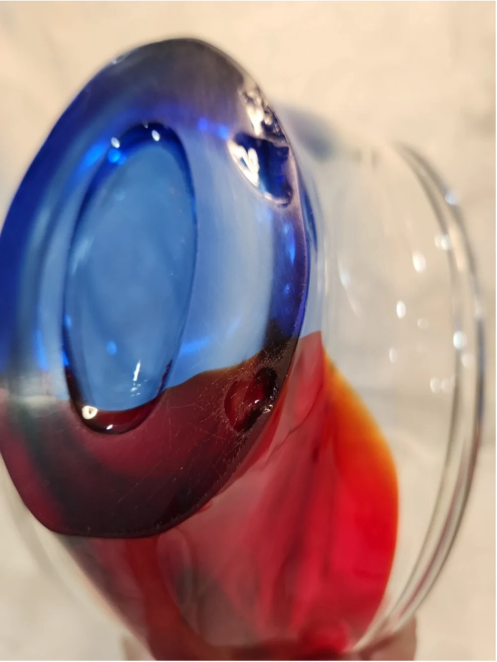 Vintage Art Glass Basket Vase Blue Red Stretched Handle Centerpiece Candy Dish